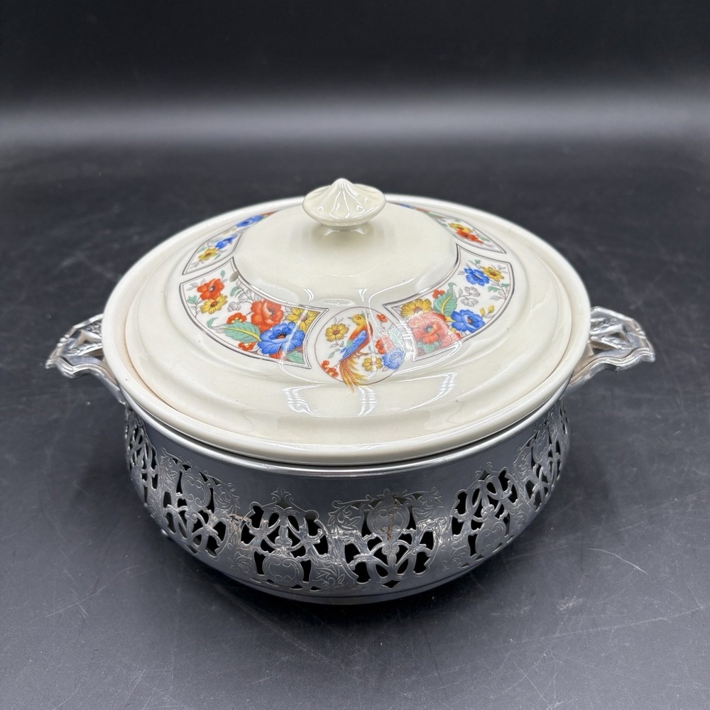 Vtg Hall China Forman Bros Round Casserole Dish Floral Birds Vented Lid Covered